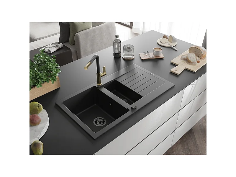 Mexen Matias granite sink 1.5-bowl with drainer and Flora kitchen tap, black - 6502-77-670401-57-B