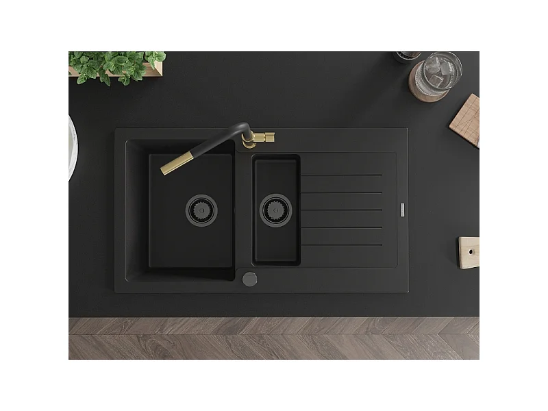Mexen Matias granite sink 1.5-bowl with drainer and Flora kitchen tap, black - 6502-77-670401-57-B