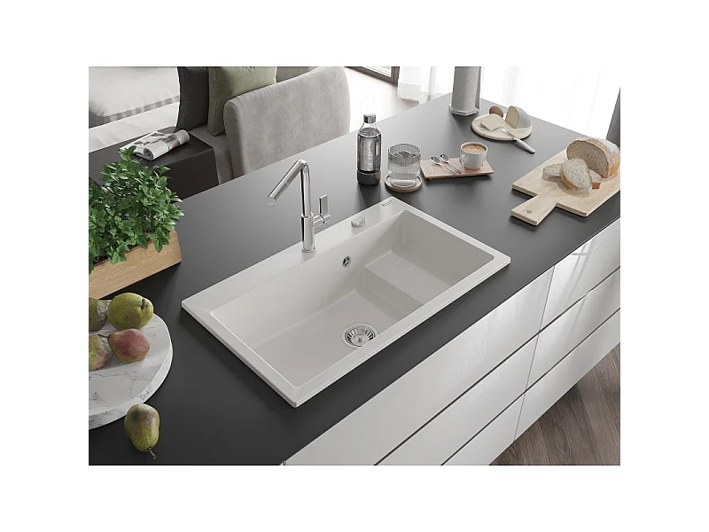 Mexen Omar granite sink 1-bowl 800 x 480 mm, white, chrome siphon - 6520801005-20