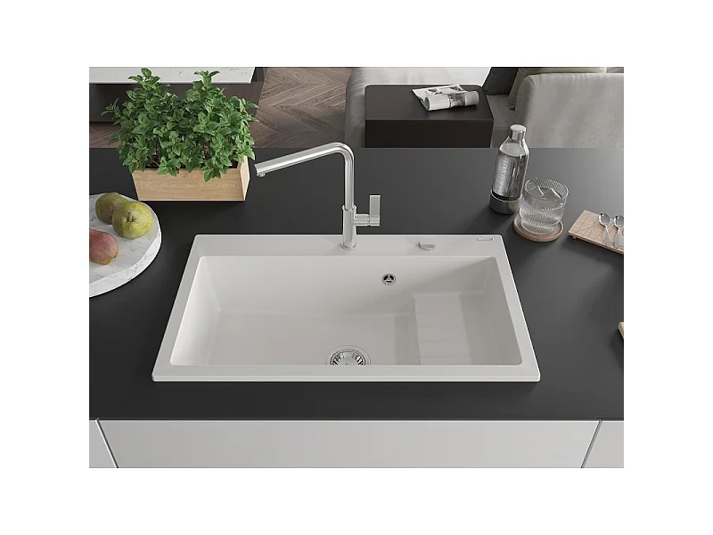 Mexen Omar granite sink 1-bowl 800 x 480 mm, white, chrome siphon - 6520801005-20