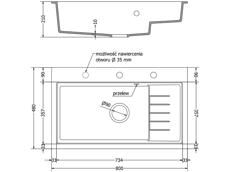 Mexen Omar granite sink 1-bowl 800 x 480 mm, white, chrome siphon - 6520801005-20