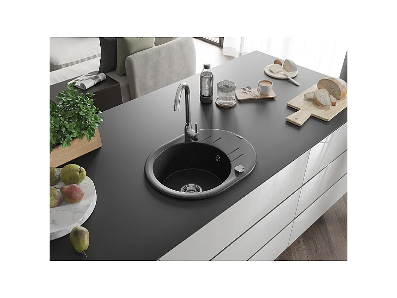 Mexen Kevin 1-bowl granite sink with drainer and Telma kitchen tap, black/silver metallic - 6517-73-670200-00