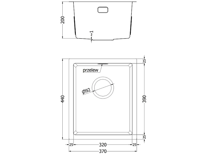 Mexen Trixo lava-loiça em aço com 1 cuba 370 x 440 mm, inox HC - 6412371000-01HC