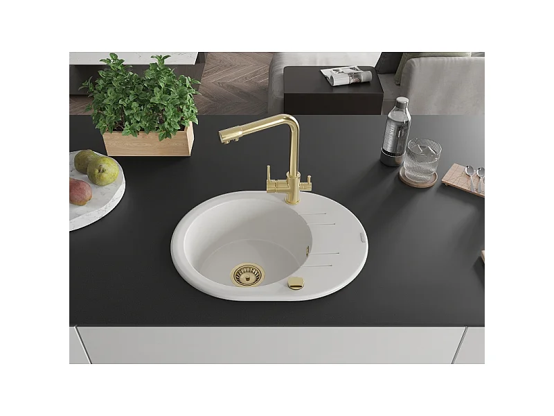 Mexen Kevin fregadero de granito de 1 compartimento con escurridor y grifo de cocina Duero, blanco - 6517-20-671600-50