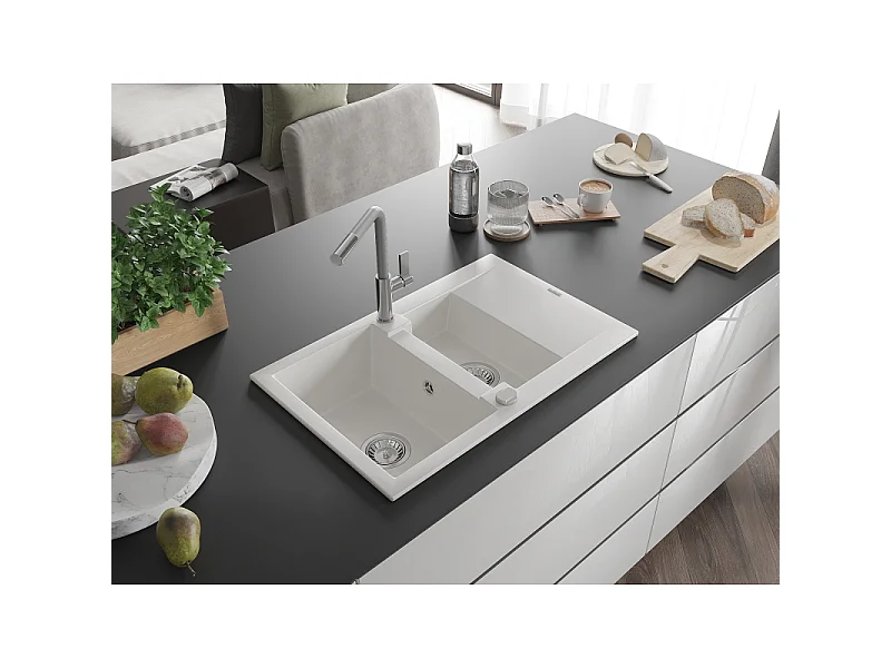 Mexen Gaspar granite sink 1.5-bowl with drainer and Flora kitchen tap, white - 6507-20-670401-06