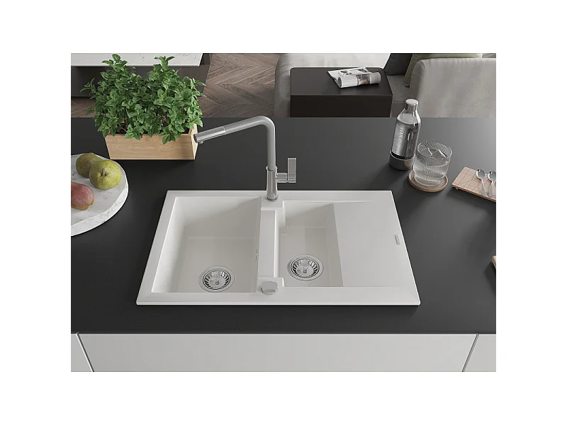 Mexen Gaspar granite sink 1.5-bowl with drainer and Flora kitchen tap, white - 6507-20-670401-06