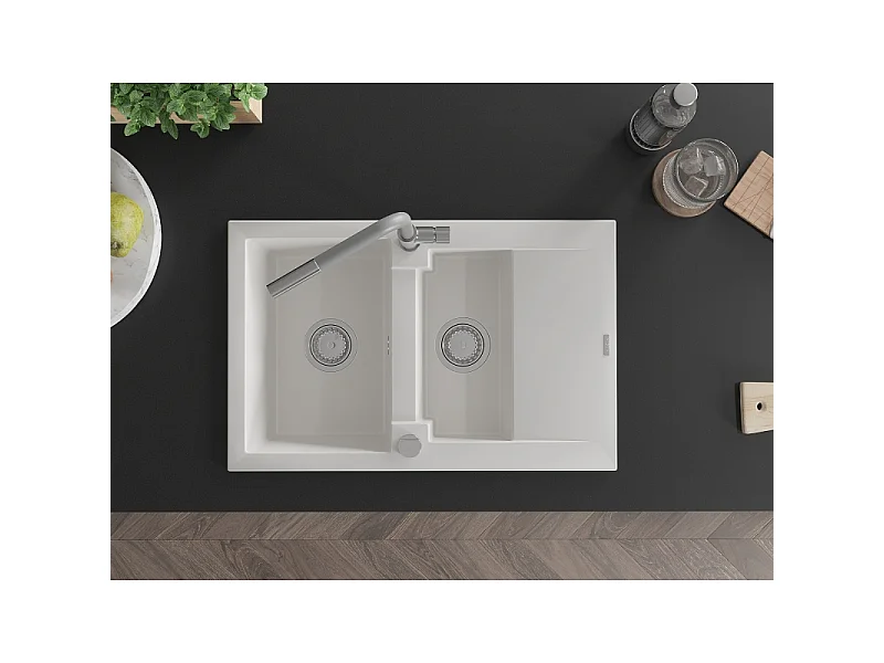 Mexen Gaspar granite sink 1.5-bowl with drainer and Flora kitchen tap, white - 6507-20-670401-06