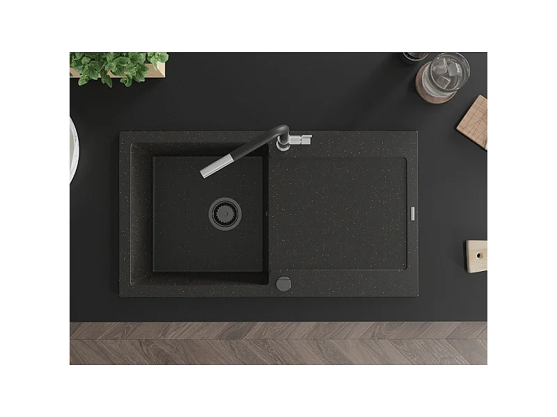 Mexen Leo fregadero de granito de 1 seno con escurridor y grifo de cocina Flora, negro/dorado metálico - 6501-75-670401-07-B