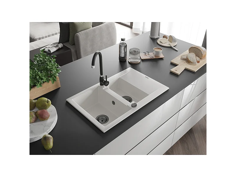Mexen Gaspar granite sink 1.5-bowl with drainer and Telma kitchen tap, white - 6507-20-670200-70