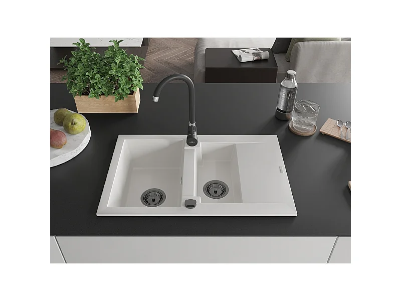 Mexen Gaspar granite sink 1.5-bowl with drainer and Telma kitchen tap, white - 6507-20-670200-70