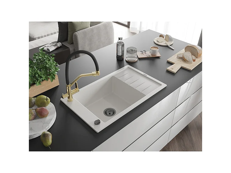 Mexen Elias fregadero de granito de 1 taza con escurridor y grifo de cocina Duo, blanco - 6511-20-671701-57-B