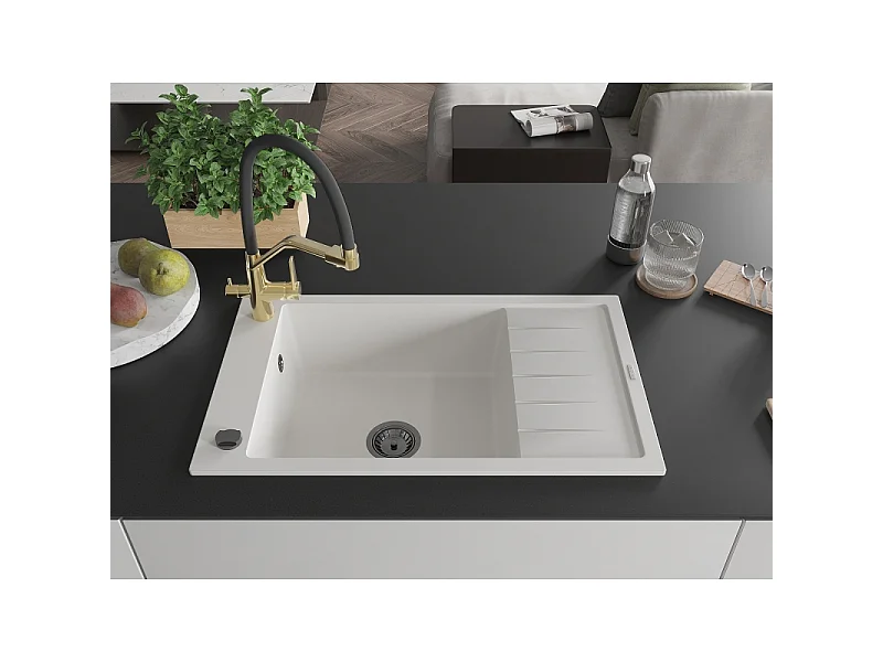 Mexen Elias fregadero de granito de 1 taza con escurridor y grifo de cocina Duo, blanco - 6511-20-671701-57-B
