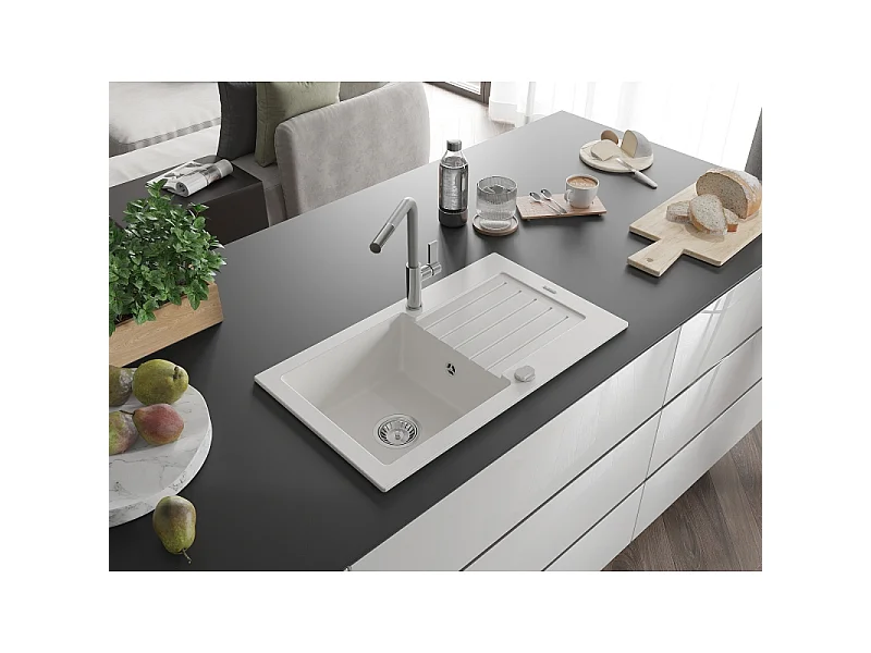 Mexen Pablo granite sink 1-bowl with drainer and Flora kitchen tap, white - 6510-20-670401-06