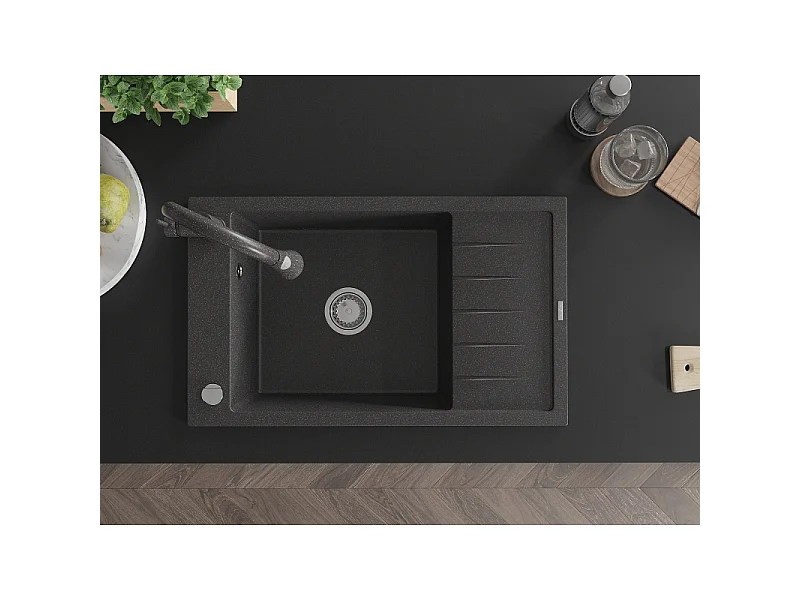 Mexen Elias fregadero de granito de 1 seno con escurridor y grifo de cocina Elia, negro moteado - 6511-76-670101-76