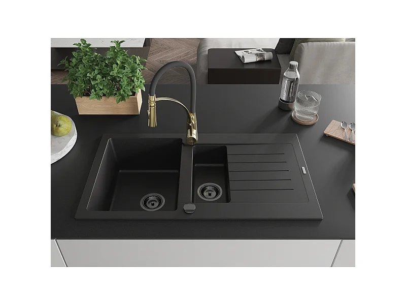 Mexen Matias granitvask 1,5-kammer med afløbsplads og køkkenarmatur Aster, sort - 6502-77-73450-57-B