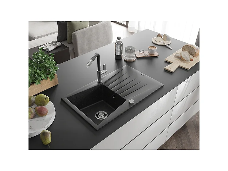 Mexen Cesar fregadero de granito de 1 seno con escurridor y grifo de cocina Flora, negro/metálico plateado - 6514-73-670401-07