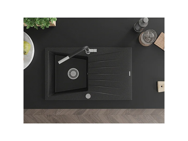 Mexen Cesar fregadero de granito de 1 seno con escurridor y grifo de cocina Flora, negro/metálico plateado - 6514-73-670401-07