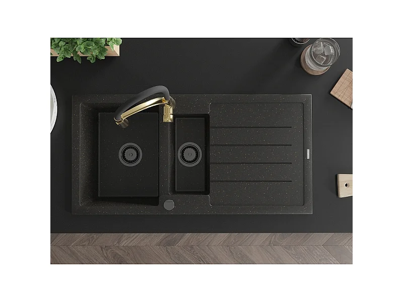 Mexen Andres granitvask med 1,5 rum med afløb og køkkenarmatur Aster, sort/guldmetallic - 6515-75-73450-57-B