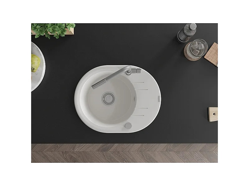 Mexen Kevin granite single-bowl sink with drainer and Flora kitchen tap, white - 6517-20-670401-06