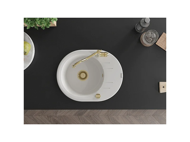 Mexen Kevin granite sink 1-bowl with drainer and kitchen tap Carla, white - 6517-20-670700-50