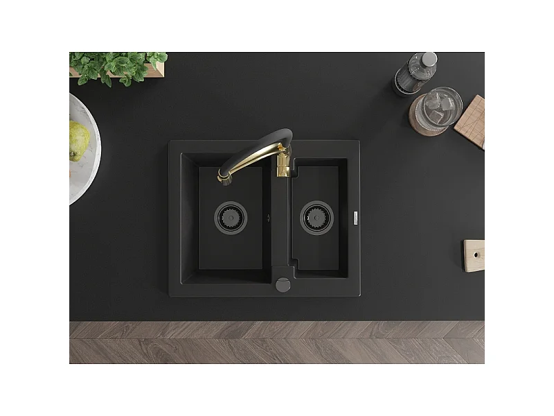 Mexen Carlos granite sink 1.5-bowl with Aster kitchen tap, black - 6518-77-73450-57-B