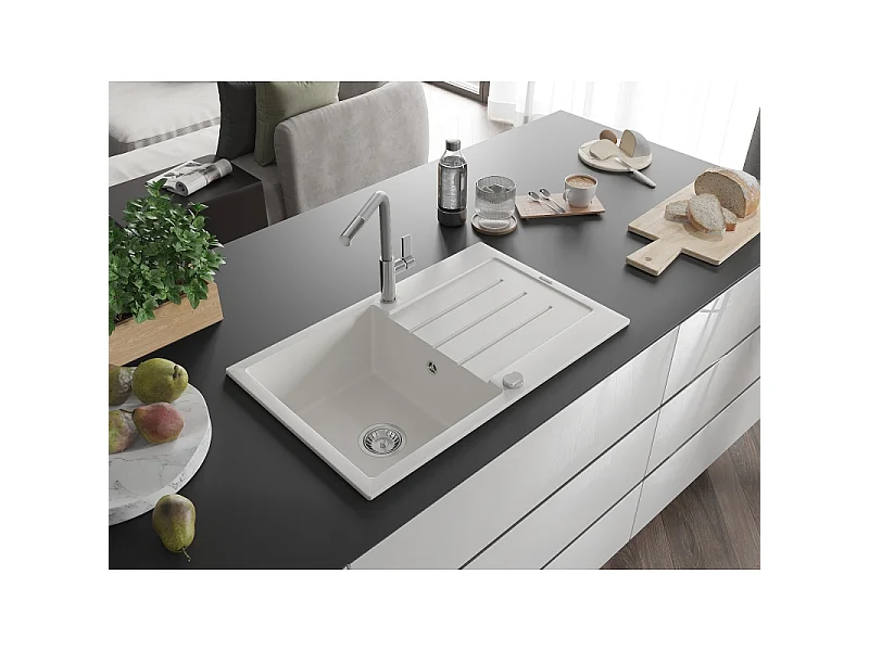 Mexen Bruno 1-bowl granite sink with drainer and Flora kitchen tap, white - 6513-20-670401-06