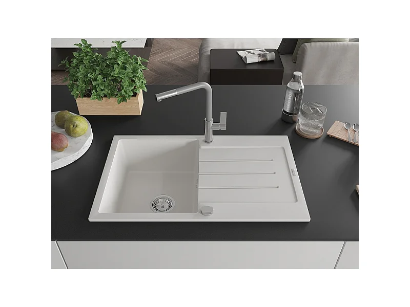 Mexen Bruno 1-bowl granite sink with drainer and Flora kitchen tap, white - 6513-20-670401-06