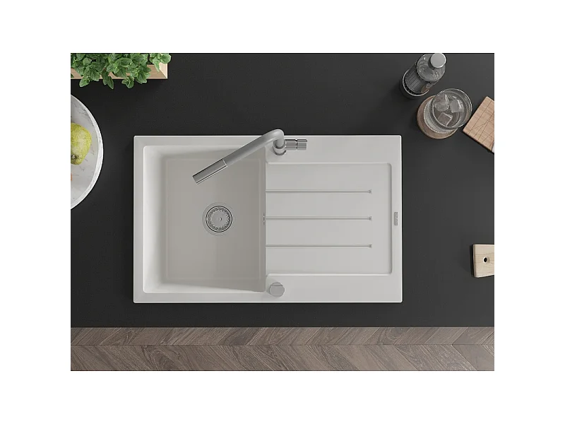 Mexen Bruno 1-bowl granite sink with drainer and Flora kitchen tap, white - 6513-20-670401-06
