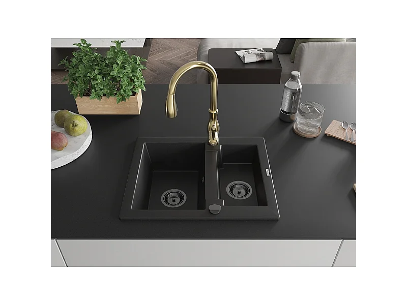 Mexen Carlos granite kitchen sink 1.5-bowl with Savita kitchen tap, black - 6518-77-672601-50-B