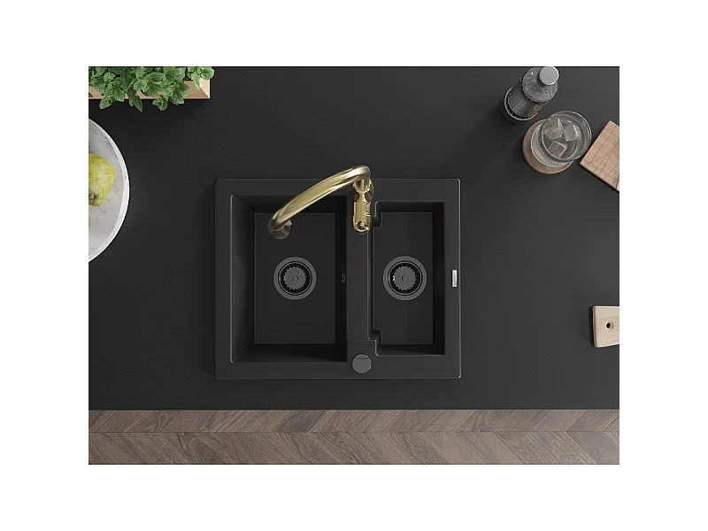 Mexen Carlos granite kitchen sink 1.5-bowl with Savita kitchen tap, black - 6518-77-672601-50-B