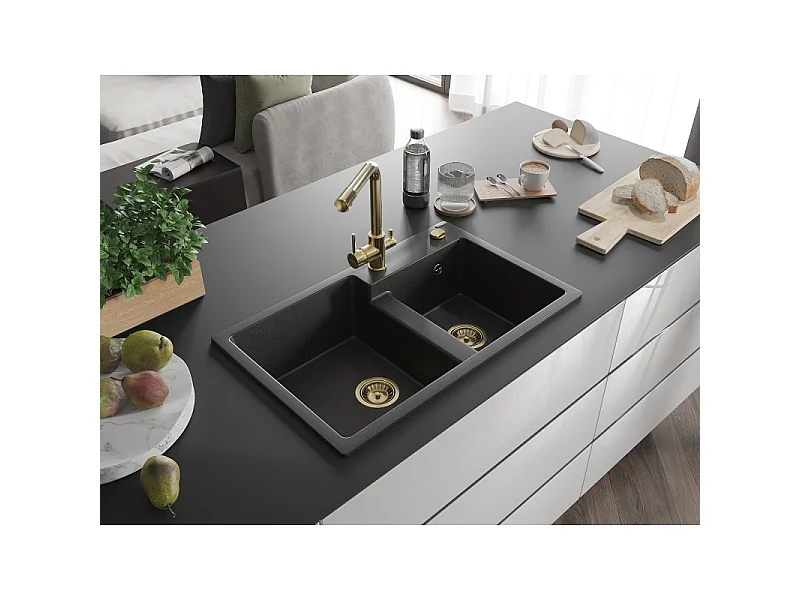 Mexen Tomas fregadero de granito de 2 compartimentos con grifo de cocina Duero, negro/plateado metálico - 6516-73-671600-50