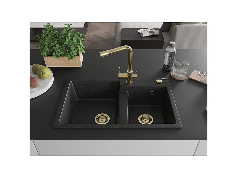 Mexen Tomas fregadero de granito de 2 compartimentos con grifo de cocina Duero, negro/plateado metálico - 6516-73-671600-50