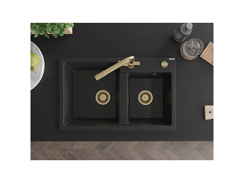 Mexen Tomas fregadero de granito de 2 compartimentos con grifo de cocina Duero, negro/plateado metálico - 6516-73-671600-50