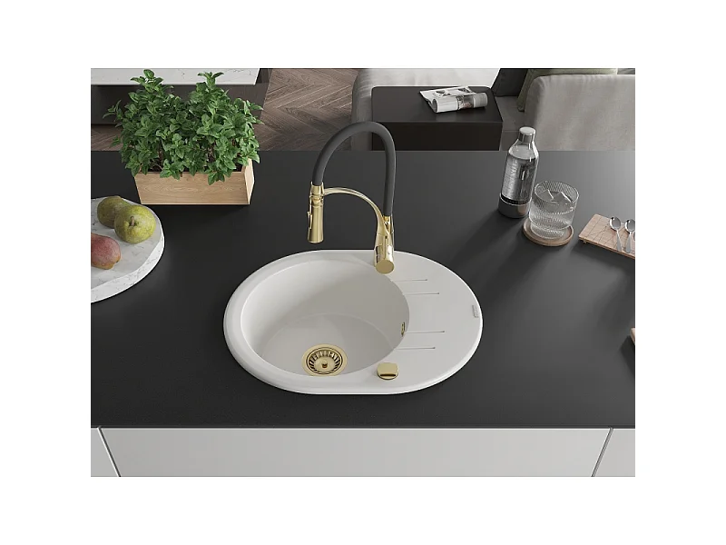 Mexen Kevin fregadero de granito de 1 seno con escurridor y grifo de cocina Aster, blanco - 6517-20-73450-57-G