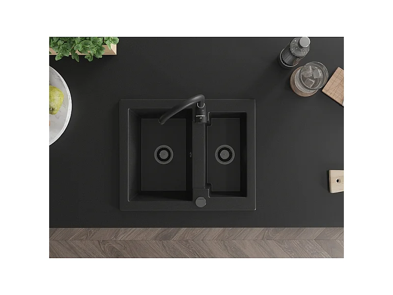 Mexen Carlos 1.5-bowl granite sink 582 x 475 mm, black, black siphon - 6518581500-77-B