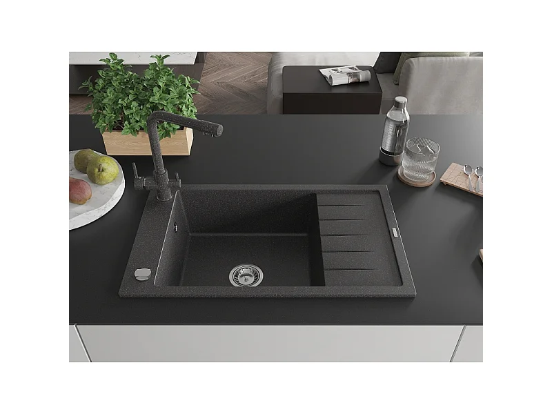 Mexen Elias fregadero de granito de 1 seno con escurridor y grifo de cocina Duero, negro moteado - 6511-76-671600-76