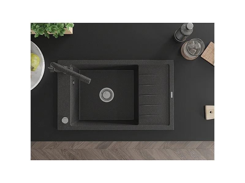 Mexen Elias fregadero de granito de 1 seno con escurridor y grifo de cocina Duero, negro moteado - 6511-76-671600-76