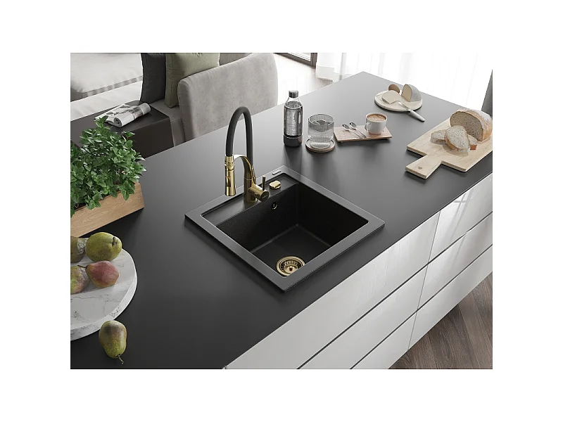 Mexen Vito granite sink 1-compartment with Aster kitchen tap, black/silver metallic- 6503-73-73450-57-G