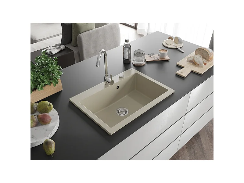 Mexen Elix single-bowl granite sink 700 x 500 mm, beige, chrome siphon - 6526701005-69