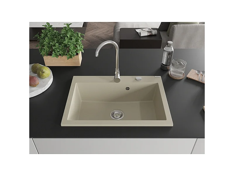 Mexen Elix single-bowl granite sink 700 x 500 mm, beige, chrome siphon - 6526701005-69