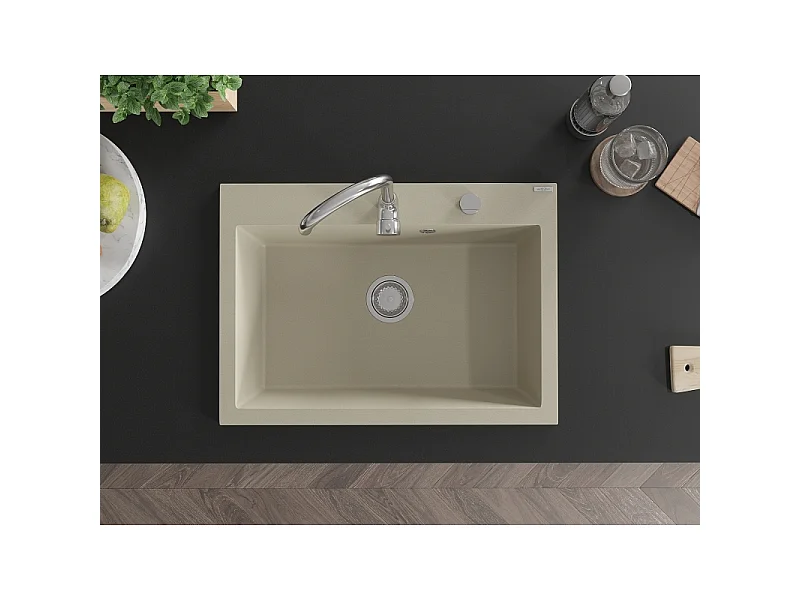 Mexen Elix single-bowl granite sink 700 x 500 mm, beige, chrome siphon - 6526701005-69