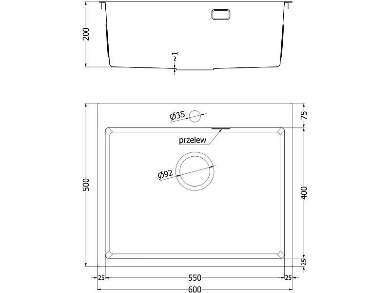 Mexen Solix fregadero de acero inoxidable de 1 cubeta 600 x 500 mm, inox - 6408601000-01
