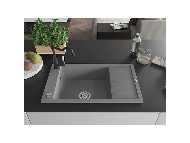 Mexen Elias granite sink 1-bowl with drainer and Carla kitchen tap, grey - 6511-71-670700-70