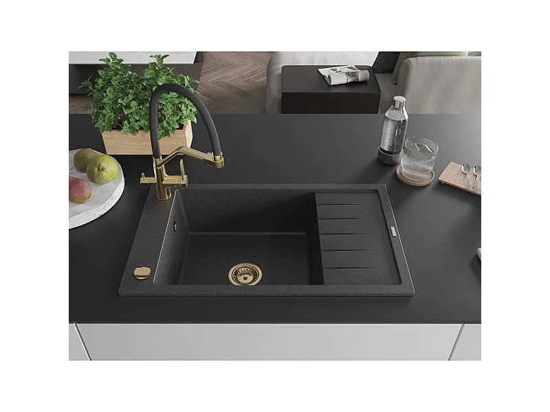 Mexen Elias fregadero de granito de 1 seno con escurridor y grifo de cocina Duo, negro moteado - 6511-76-671701-57-G