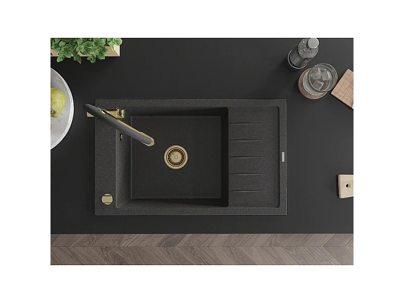 Mexen Elias fregadero de granito de 1 seno con escurridor y grifo de cocina Duo, negro moteado - 6511-76-671701-57-G