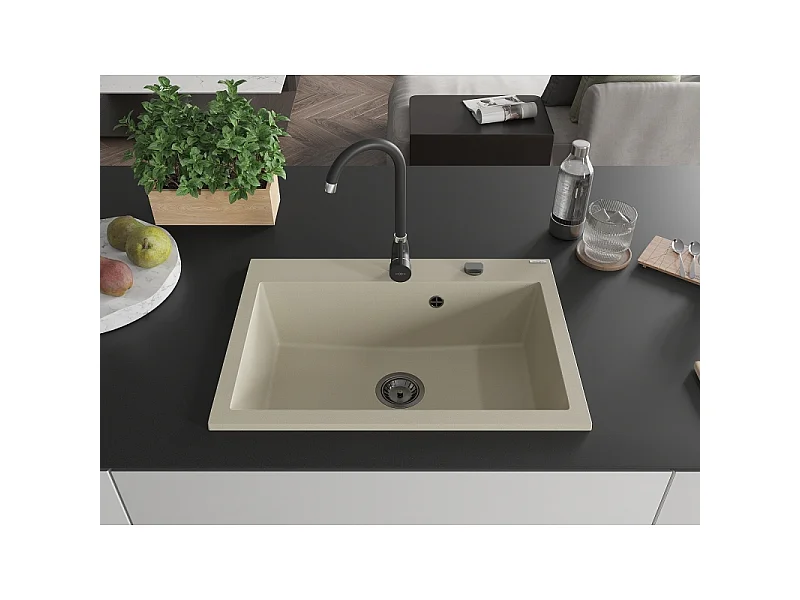 Mexen Elix granite sink 1-bowl 700 x 500 mm, beige, black siphon - 6526701005-69-B