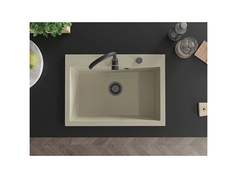 Mexen Elix granite sink 1-bowl 700 x 500 mm, beige, black siphon - 6526701005-69-B