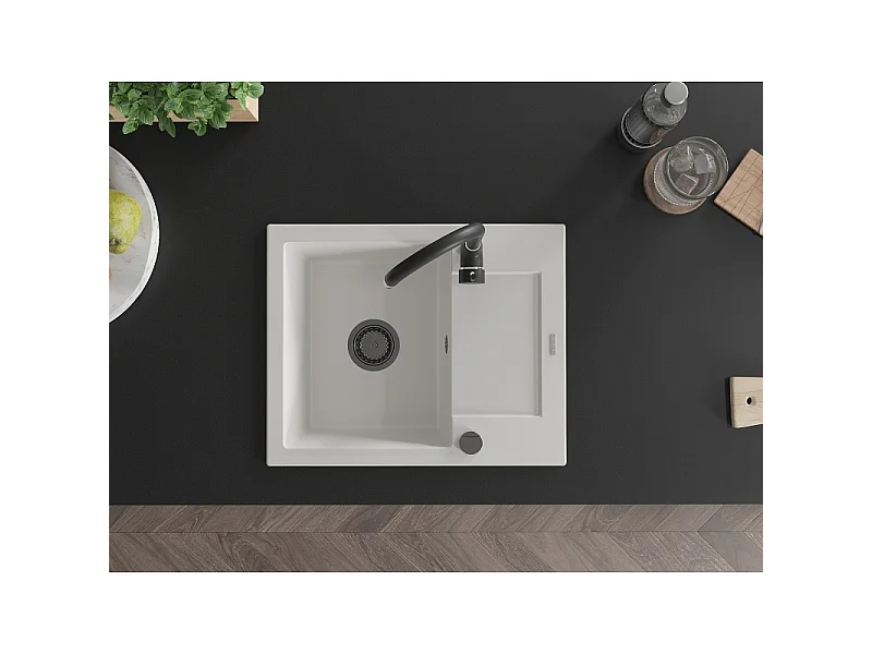 Mexen Enzo évier en granit 1 cuve avec égouttoir 576 x 465 mm, blanc, siphon noir - 6506571005-20-B