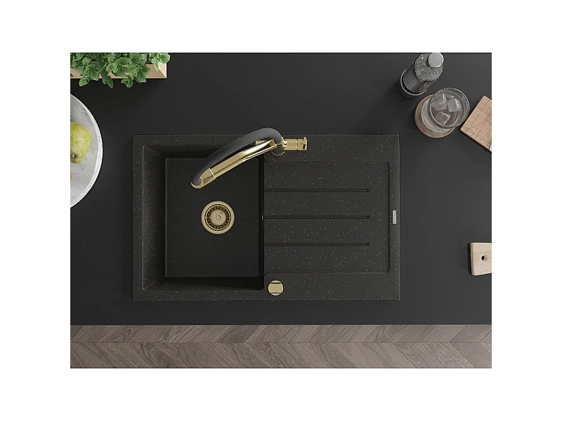 Mexen Bruno granitvask med 1 kammer med afløb og køkkenarmatur Duo, sort/gylden metallic - 6513-75-671701-57-G
