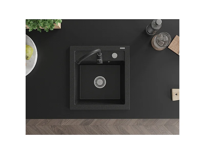 Mexen Vito 1-bowl granite sink with Telma kitchen tap, black/silver metallic - 6503-73-670200-70
